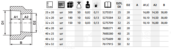 Редукция (переходник) внутренняя/внутренняя ASG-plast Редукция (переходник) внутренняя/внутренняя ASG-plast рисунок.